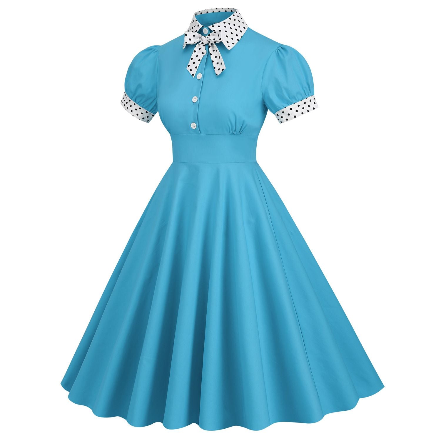Women 1950s Vintage Short Sleeve Green Polka Dot Dress Evening Prom Gown Blue