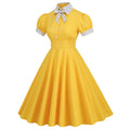 Women 1950s Vintage Short Sleeve Green Polka Dot Dress Evening Prom Gown Yellow
