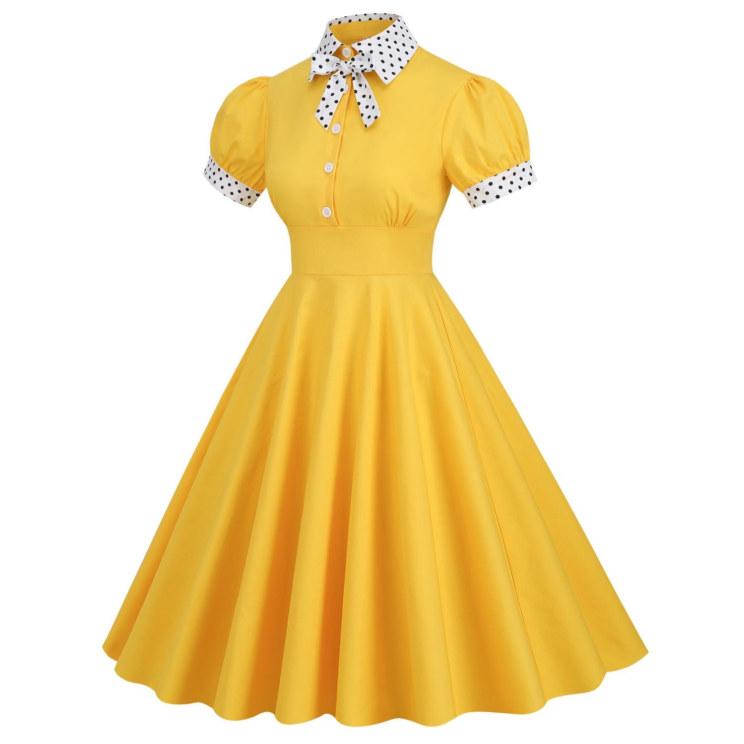 Women 1950s Vintage Short Sleeve Green Polka Dot Dress Evening Prom Gown Yellow