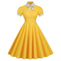 Women 1950s Vintage Short Sleeve Green Polka Dot Dress Evening Prom Gown Yellow