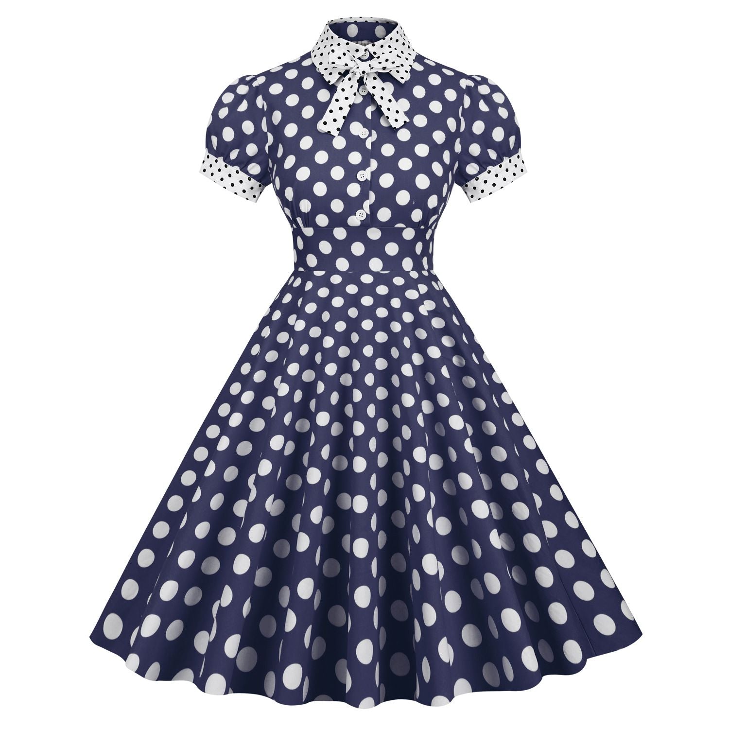 Women 1950s Vintage Short Sleeve Green Polka Dot Dress Evening Prom Navy