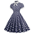 Women 1950s Vintage Short Sleeve Green Polka Dot Dress Evening Prom Navy