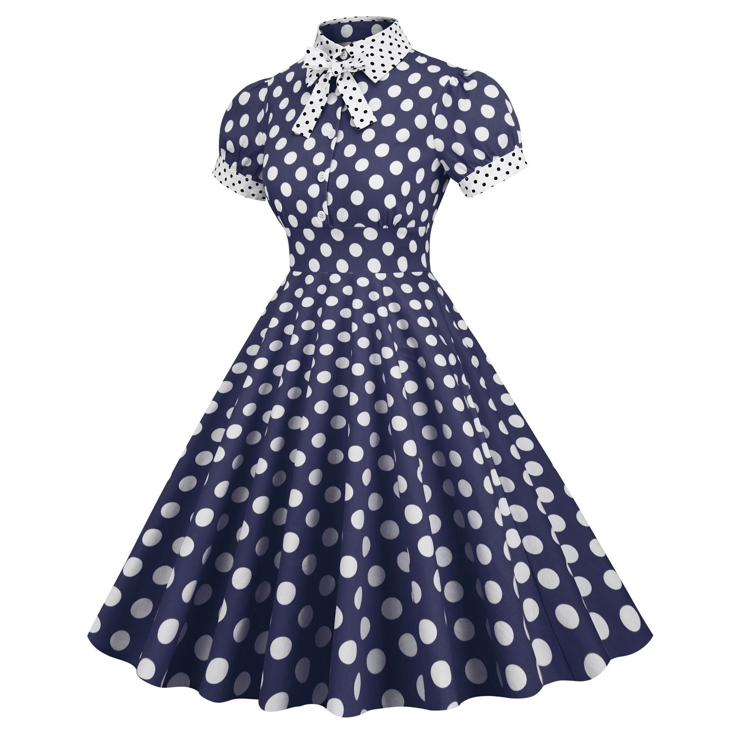 Women 1950s Vintage Short Sleeve Green Polka Dot Dress Evening Prom Navy