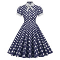 Women 1950s Vintage Short Sleeve Green Polka Dot Dress Evening Prom Navy