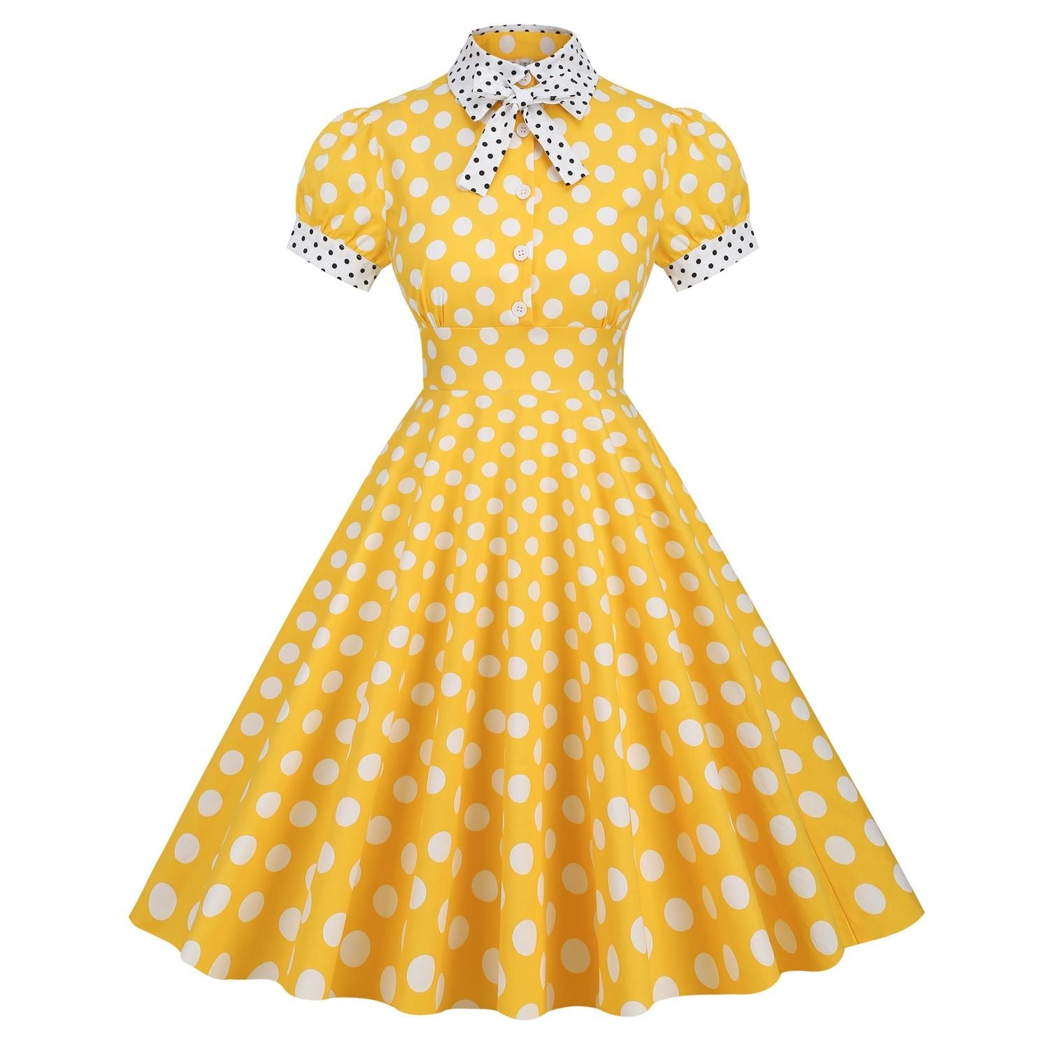 Women 1950s Vintage Short Sleeve Green Yellow Polka Dot Dress Evening Prom Gown