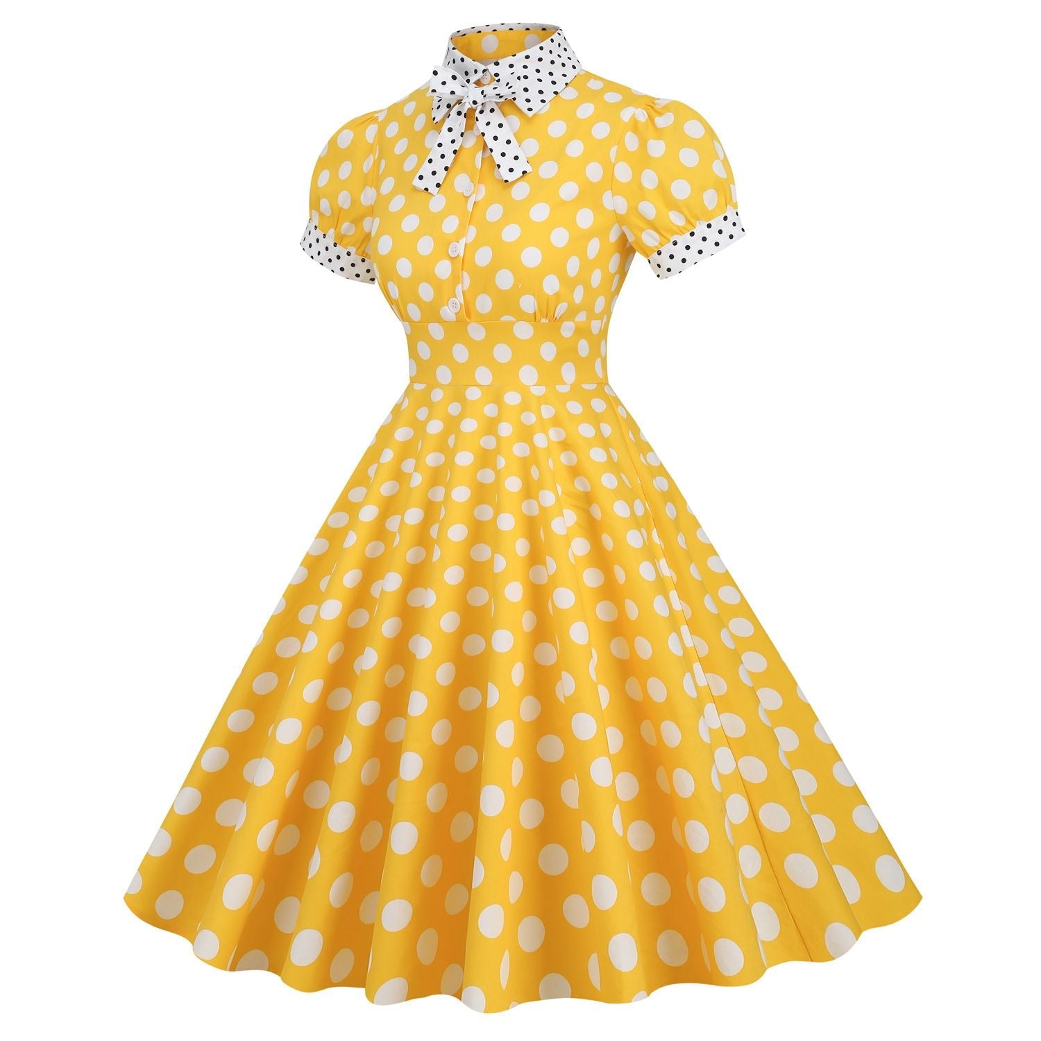 Women 1950s Vintage Short Sleeve Green Yellow Polka Dot Dress Evening Prom Gown