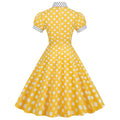 Women 1950s Vintage Short Sleeve Green Yellow Polka Dot Dress Evening Prom Gown
