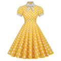 Women 1950s Vintage Short Sleeve Green Yellow Polka Dot Dress Evening Prom Gown