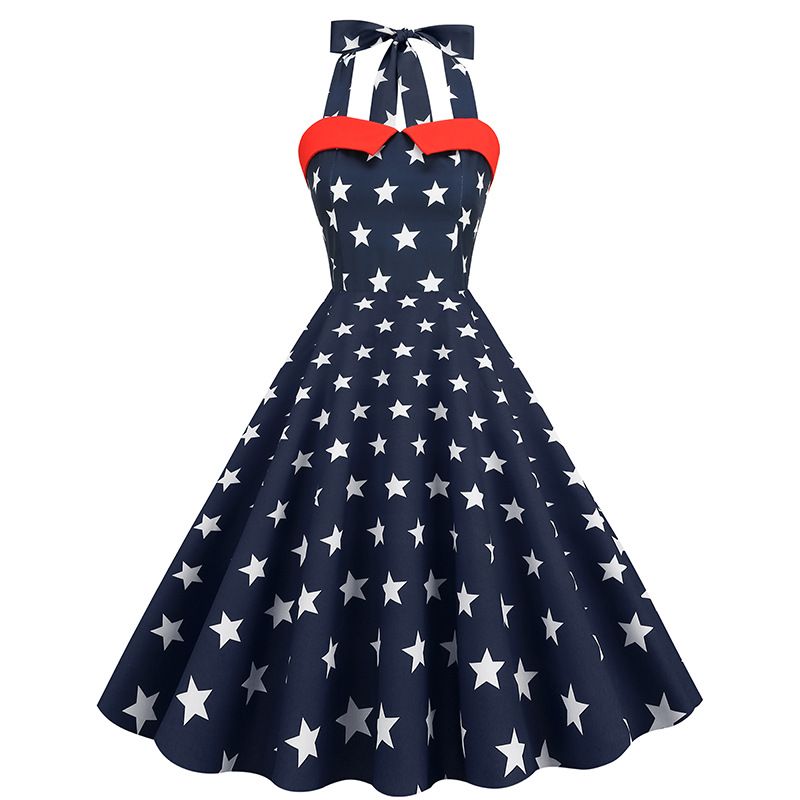 Women 50s Dresses Vintage Halter Swing Cocktail Dress Rockabilly Tea Party Pin Up Dresses Navy