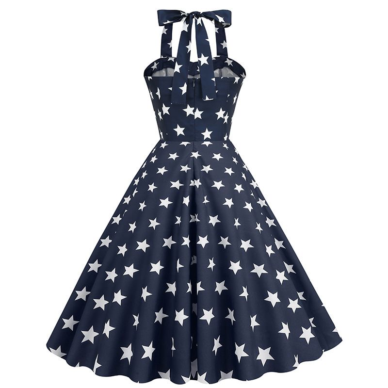 Women 50s Dresses Vintage Halter Swing Cocktail Dress Rockabilly Tea Party Pin Up Dresses Navy