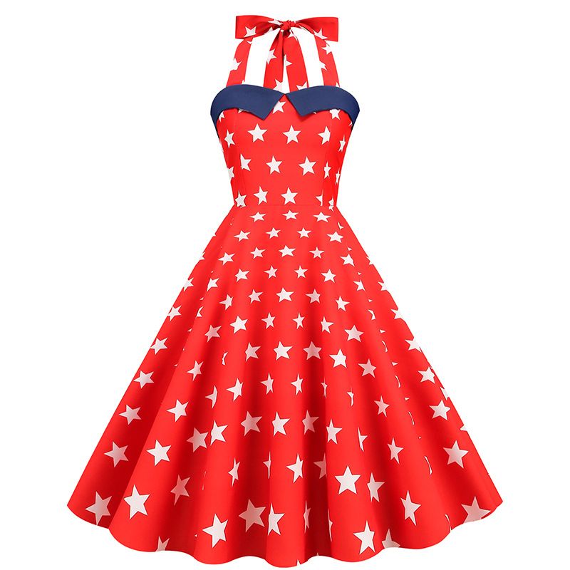 Women 50s Dresses Vintage Halter Swing Cocktail Dress Rockabilly Tea Party Pin Up Dresses Red