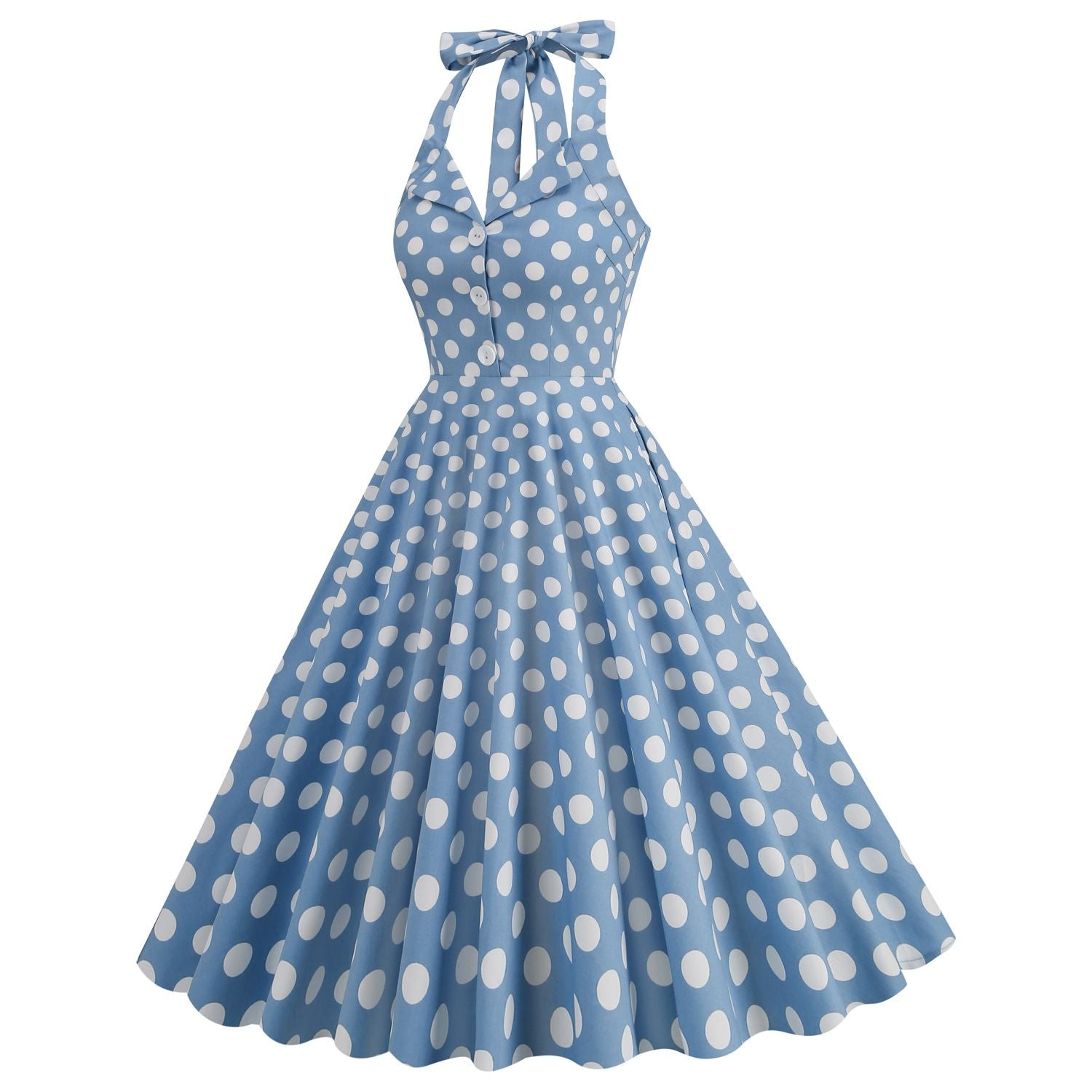 Women 50s Halter Vintage A Line Polka Dot Cocktail Dress Prom Swing Dress Blue
