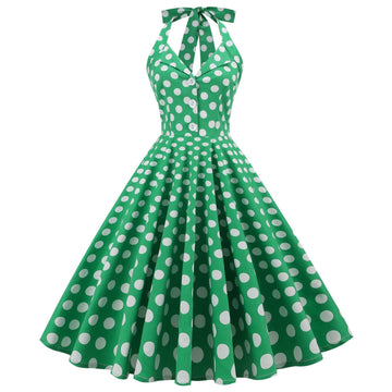Women 50s Halter Vintage A Line Polka Dot Cocktail Dress Prom Swing Dress Green