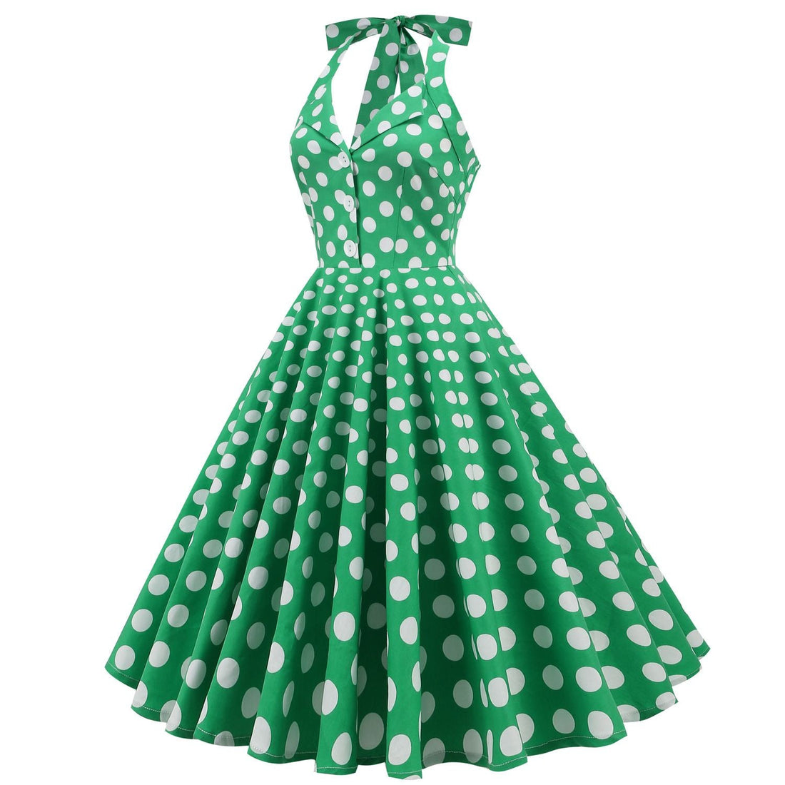 Women 50s Halter Vintage A Line Polka Dot Cocktail Dress Prom Swing Dress Green
