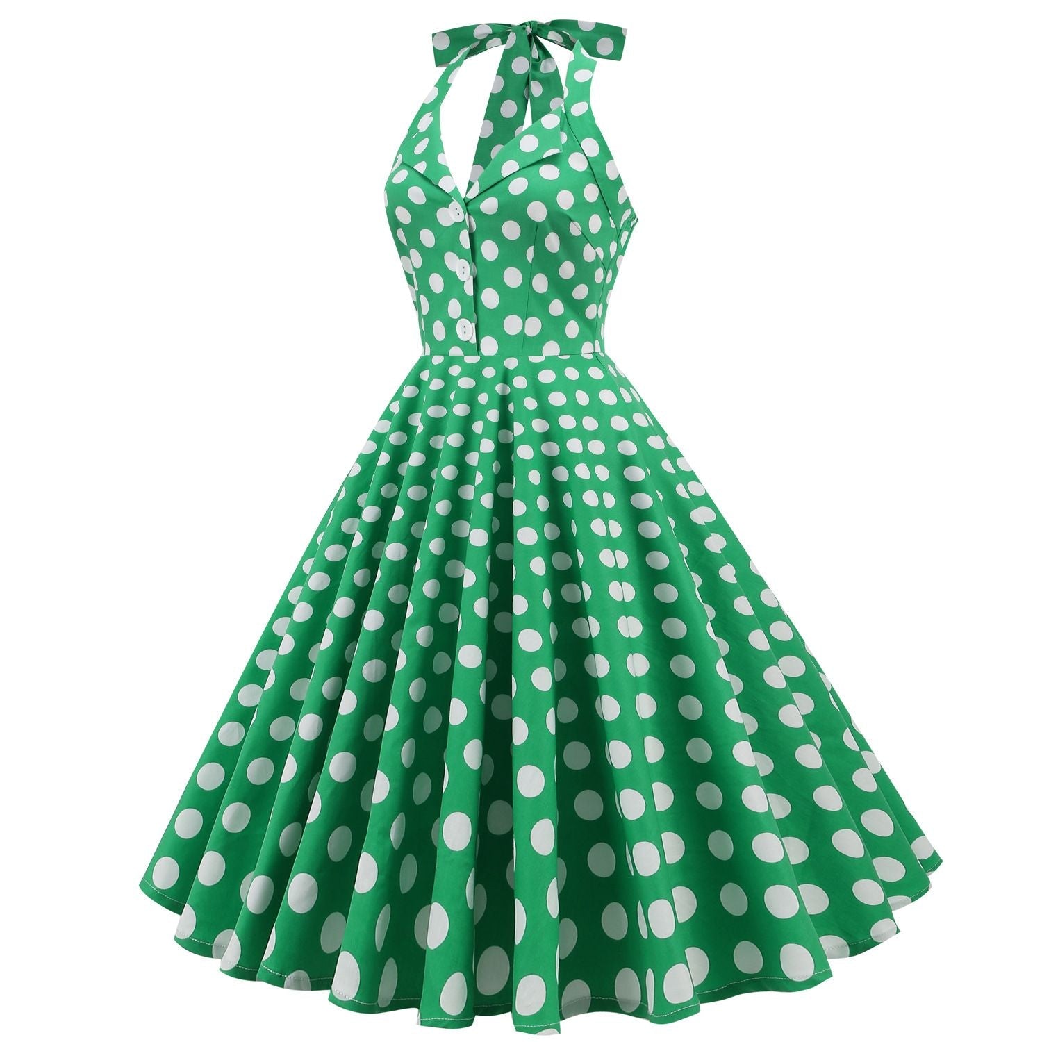 Women 50s Halter Vintage A Line Polka Dot Cocktail Dress Prom Swing Dress Green