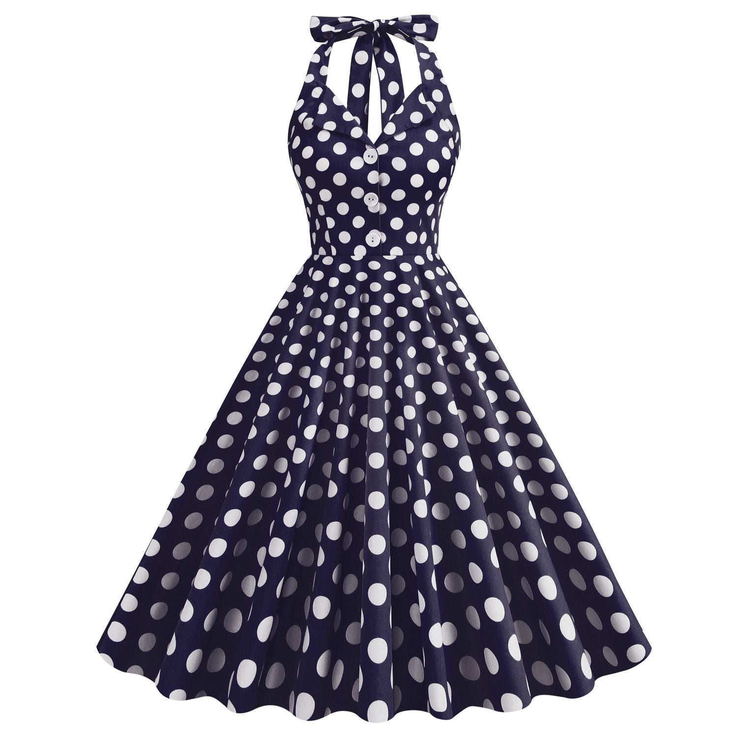 Women 50s Halter Vintage A Line Polka Dot Cocktail Dress Prom Swing Dress Navy