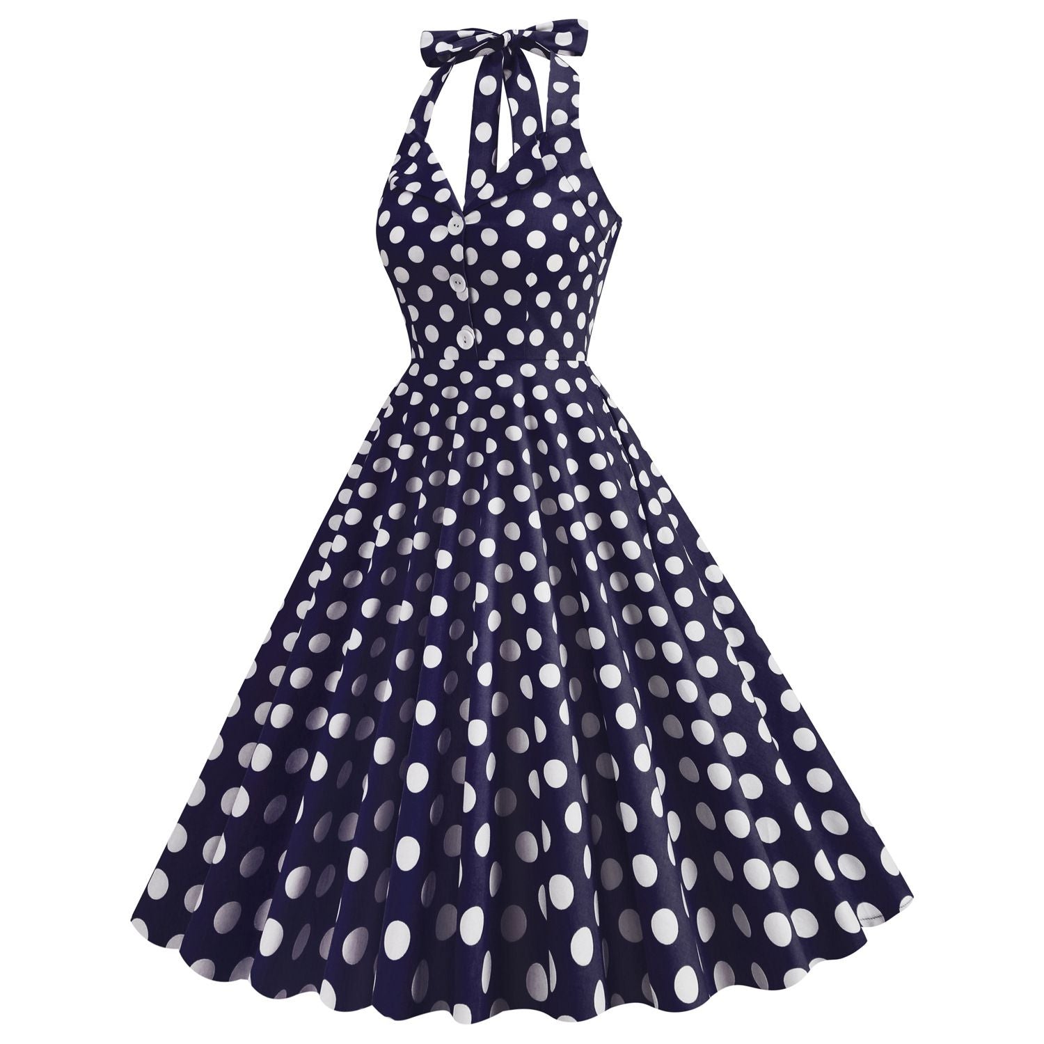 Women 50s Halter Vintage A Line Polka Dot Cocktail Dress Prom Swing Dress Navy