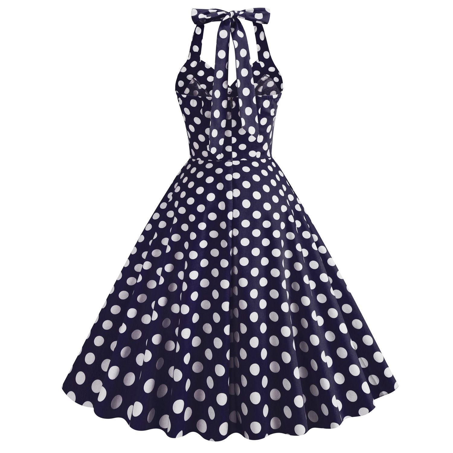 Women 50s Halter Vintage A Line Polka Dot Cocktail Dress Prom Swing Dress Navy