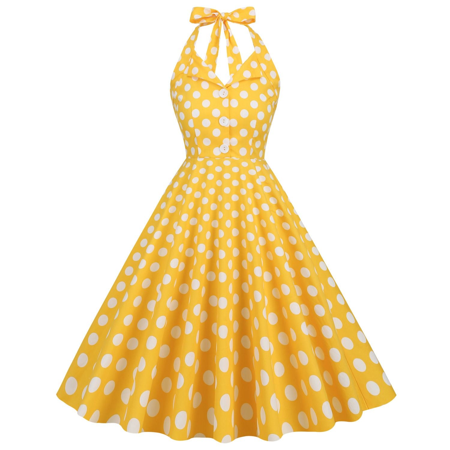 Women 50s Halter Vintage A Line Polka Dot Cocktail Dress Prom Swing Dress Yellow