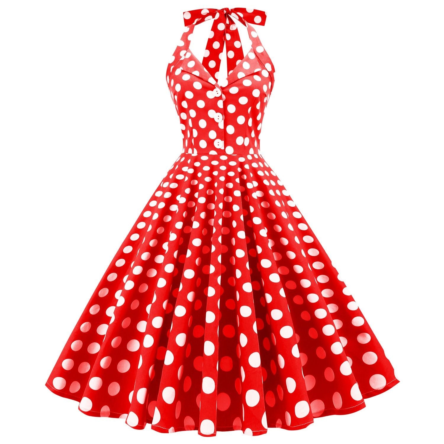 Women 50s Halter Vintage A Line Red Polka Dot Cocktail Dress Prom Swing Dress 