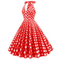 Women 50s Halter Vintage A Line Red Polka Dot Cocktail Dress Prom Swing Dress 