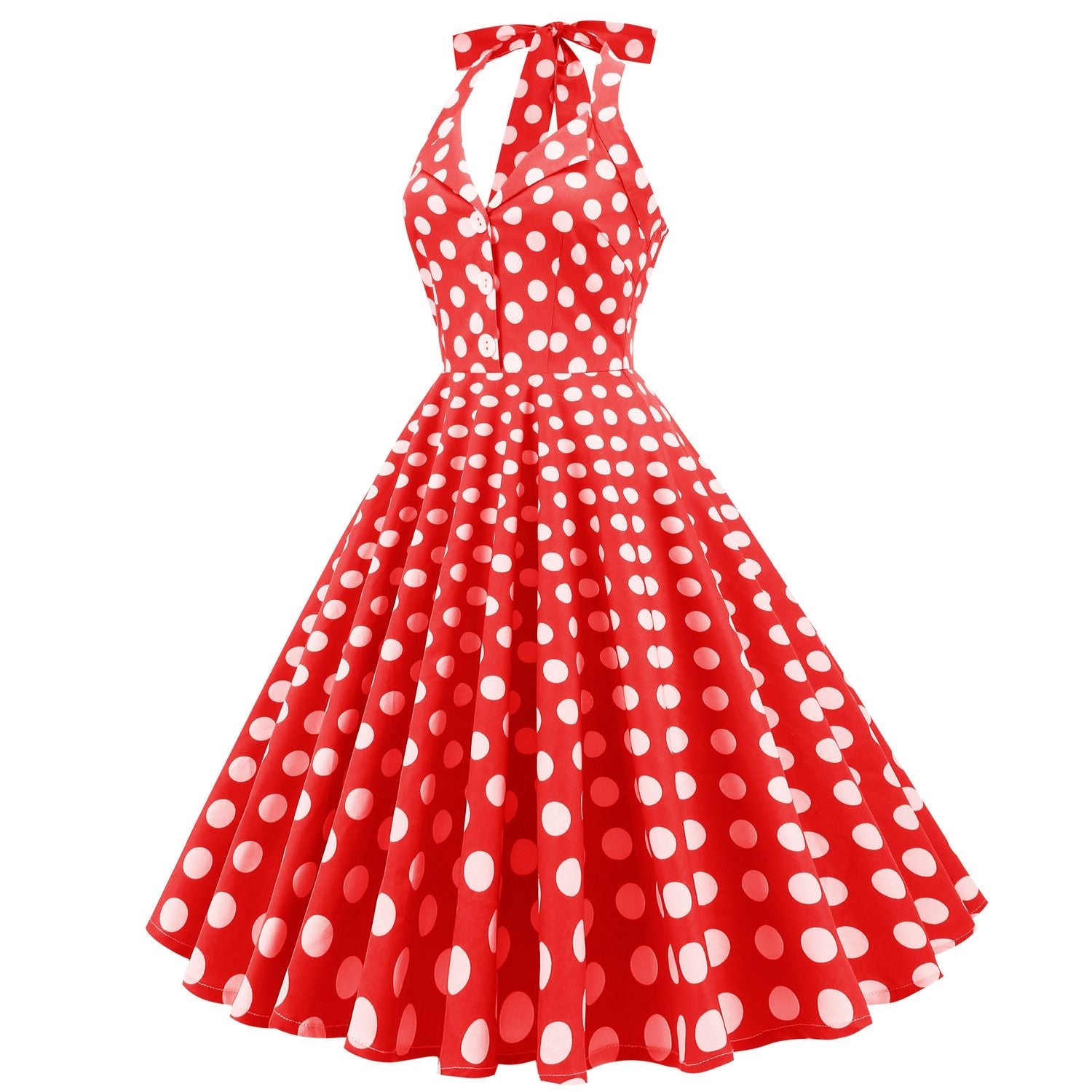 Women 50s Halter Vintage A Line Red Polka Dot Cocktail Dress Prom Swing Dress 