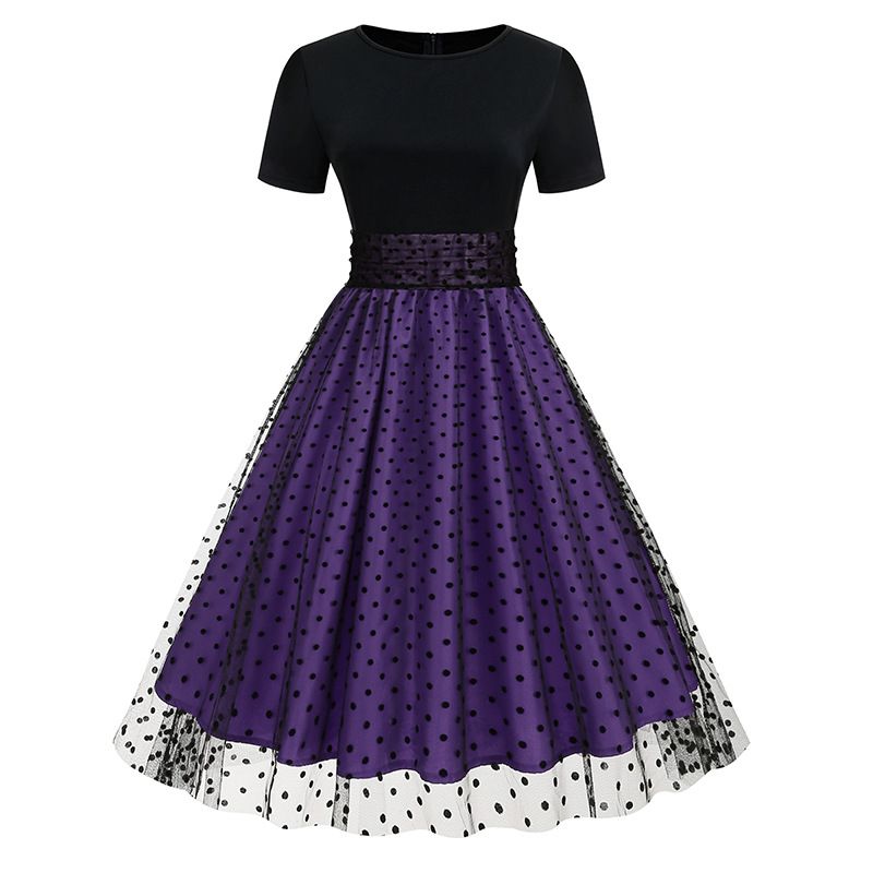 Women 50s Mesh Polka Dot Tulle Dress Swing Rockabilly Dresses Purple