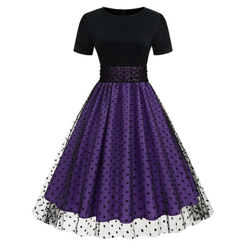 Women 50s Mesh Polka Dot Tulle Dress Swing Rockabilly Dresses Purple