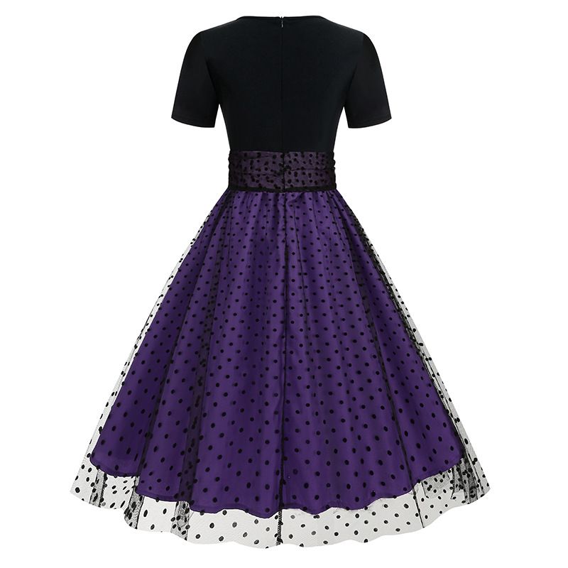 Women 50s Mesh Polka Dot Tulle Dress Swing Rockabilly Dresses Purple