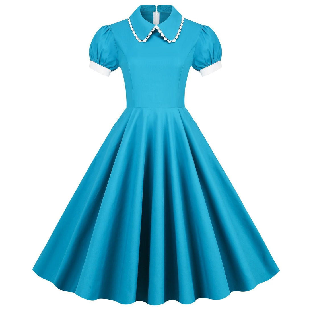 Women 50s Vintage Cocktail Swing 1950s Retro Rockabilly Dress Short Sleeve Blue