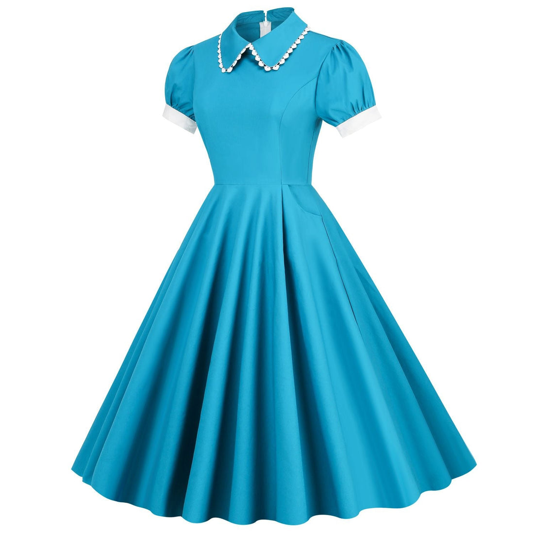 Women 50s Vintage Cocktail Swing 1950s Retro Rockabilly Dress Short Sleeve Blue