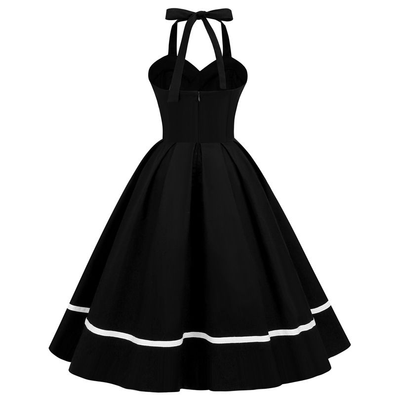 Women 50s Vintage Halter Cocktail Dress Buttons Audrey Hepburn Dress Black