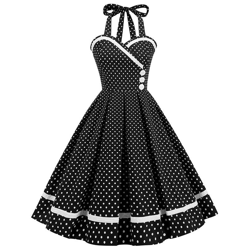 Women 50s Vintage Halter Cocktail Dress Buttons Audrey Hepburn Dress Black Polka Dot