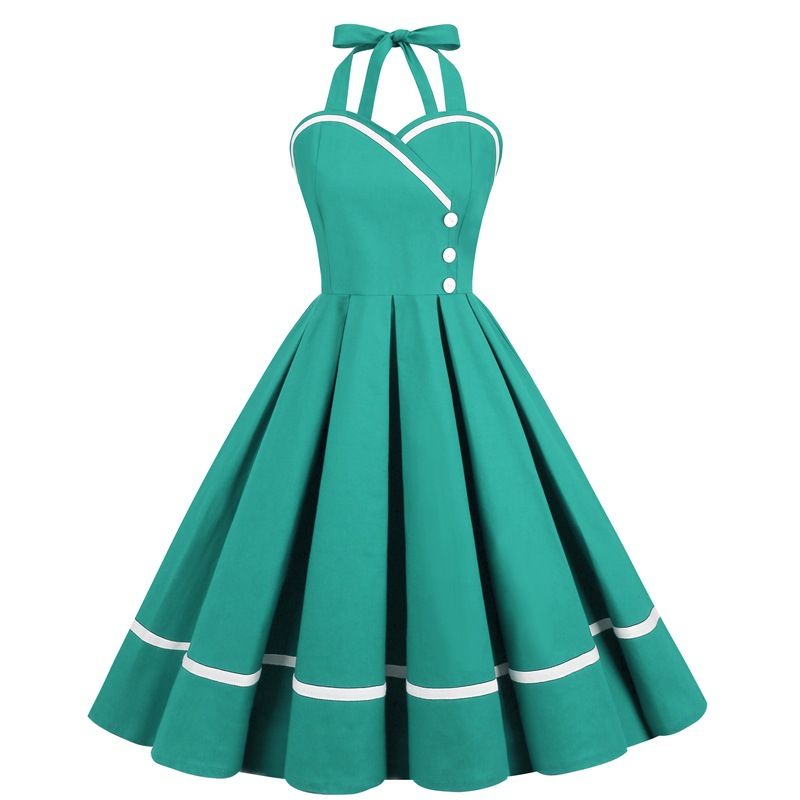 Women 50s Vintage Halter Cocktail Dress Buttons Audrey Hepburn Dress Lake