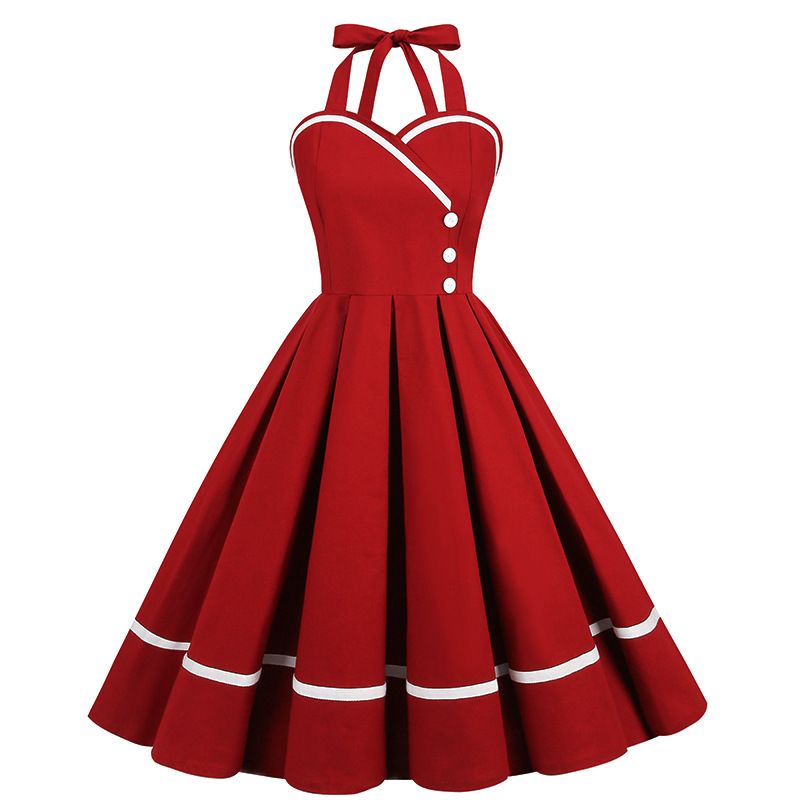 Women 50s Vintage Halter Cocktail Dress Buttons Audrey Hepburn Dress Red
