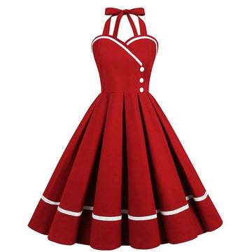 Women 50s Vintage Halter Cocktail Dress Buttons Audrey Hepburn Dress Red