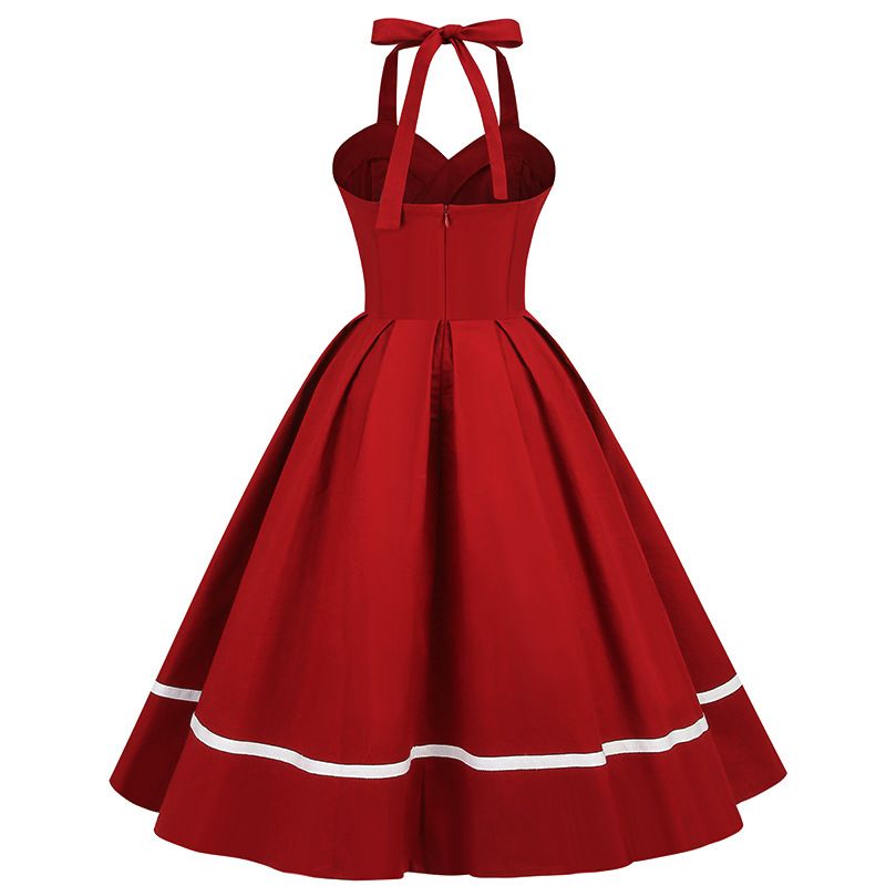 Women 50s Vintage Halter Cocktail Dress Buttons Audrey Hepburn Dress Red