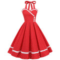 Women 50s Vintage Halter Cocktail Dress Buttons Audrey Hepburn Dress Red Polka Dot
