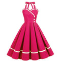 Women 50s Vintage Halter Cocktail Dress Buttons Audrey Hepburn Dress Rose