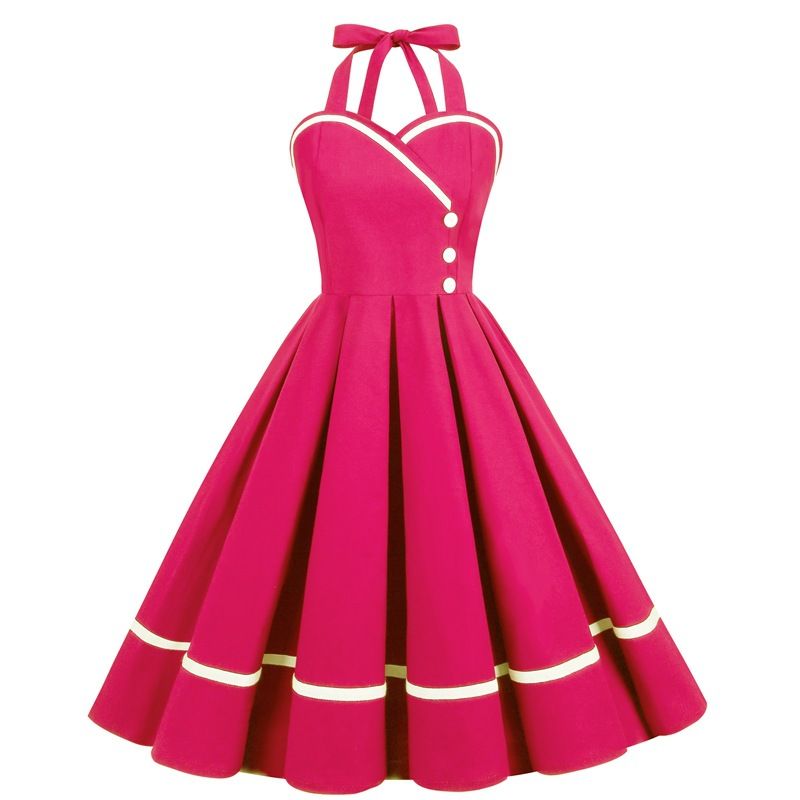 Women 50s Vintage Halter Cocktail Dress Buttons Audrey Hepburn Dress Rose