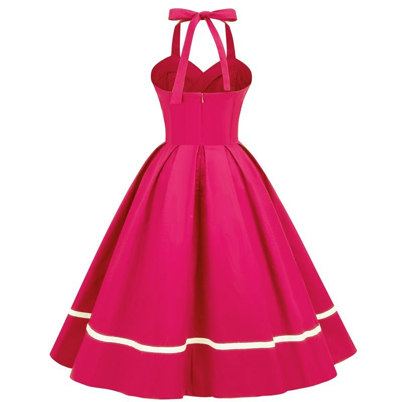 Women 50s Vintage Halter Cocktail Dress Buttons Audrey Hepburn Dress Rose