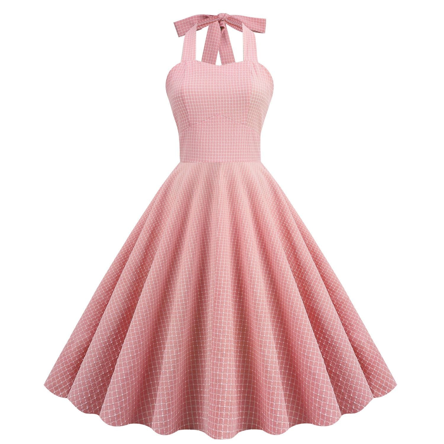 Women 50s Vintage Halter Cocktail Dress Rockabilly Audrey Hepburn Pink Dress Pink
