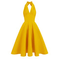 Women 50s Vintage Halter Dress Sexy V Neck 1950s Prom Tea Party Dresses Yellow