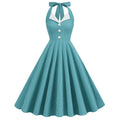 Women 50s Vintage Polka Dot Halter Cocktail Swing Dress Buttons Dress Lake