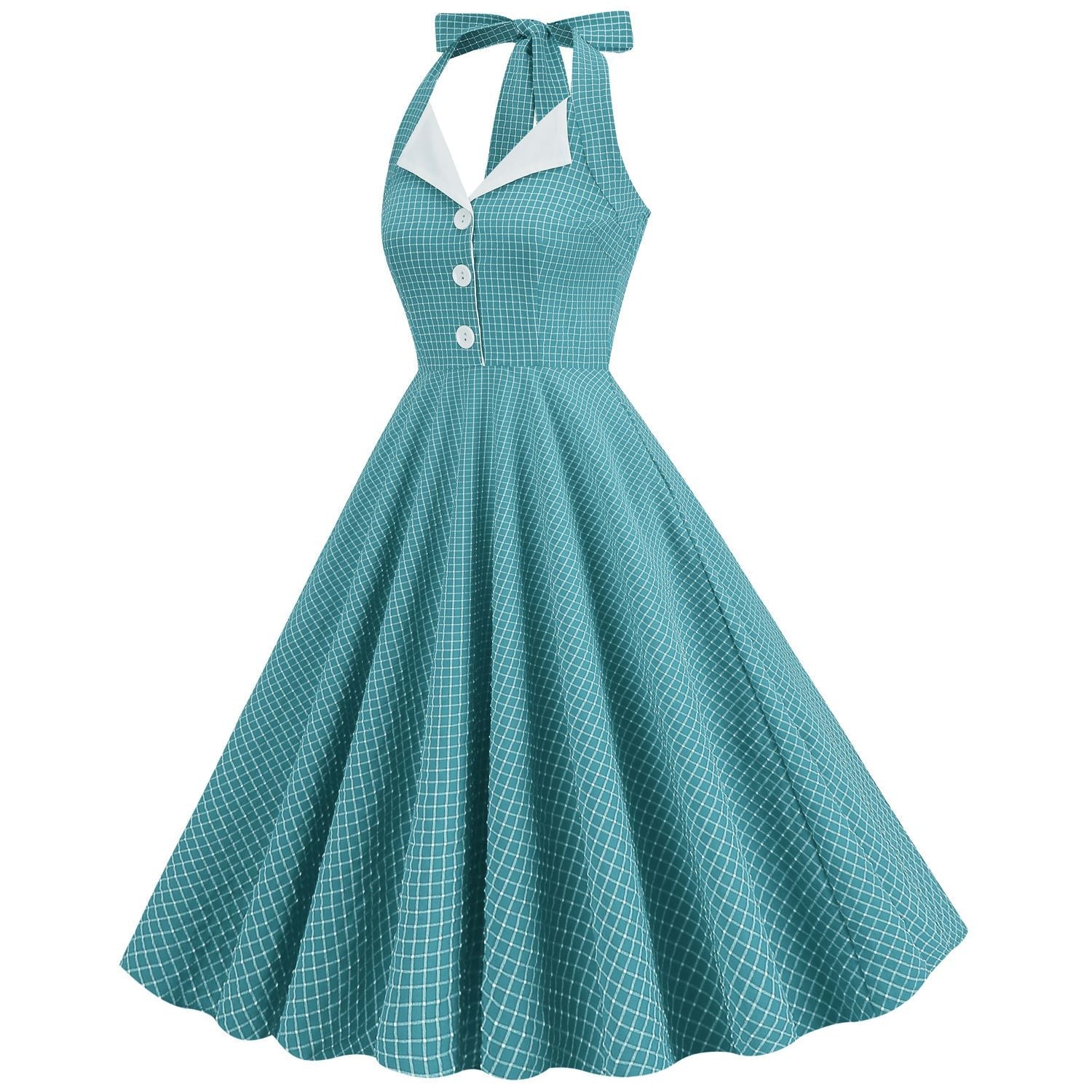 Women 50s Vintage Polka Dot Halter Cocktail Swing Dress Buttons Dress Lake