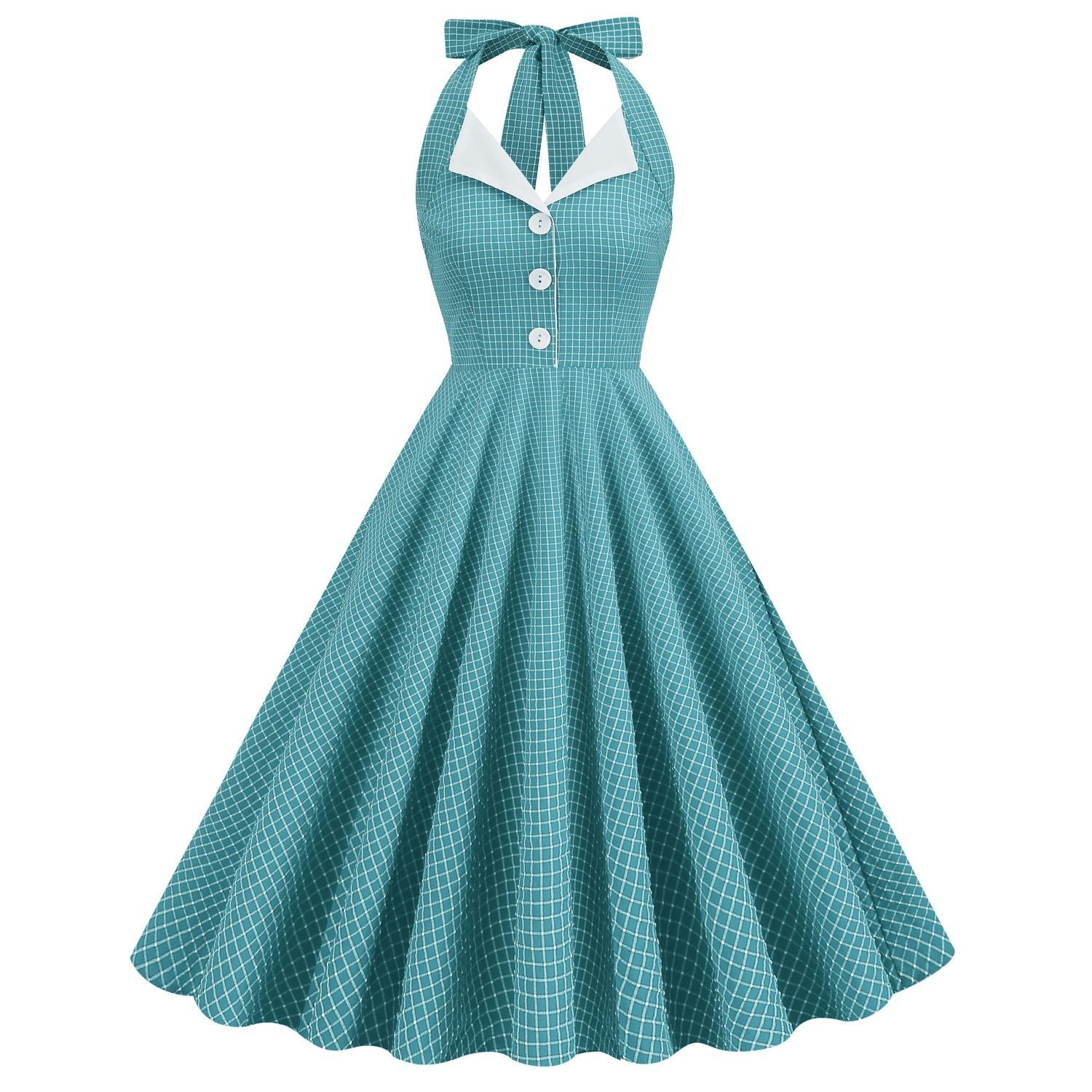 Women 50s Vintage Polka Dot Halter Cocktail Swing Dress Buttons Dress Lake