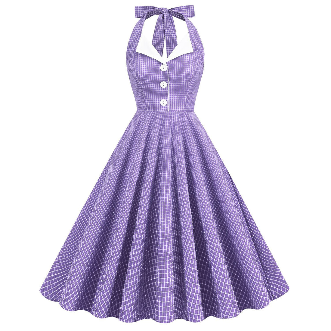 Women 50s Vintage Polka Dot Halter Cocktail Swing Dress Buttons Dress Purple