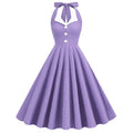 Women 50s Vintage Polka Dot Halter Cocktail Swing Dress Buttons Dress Purple