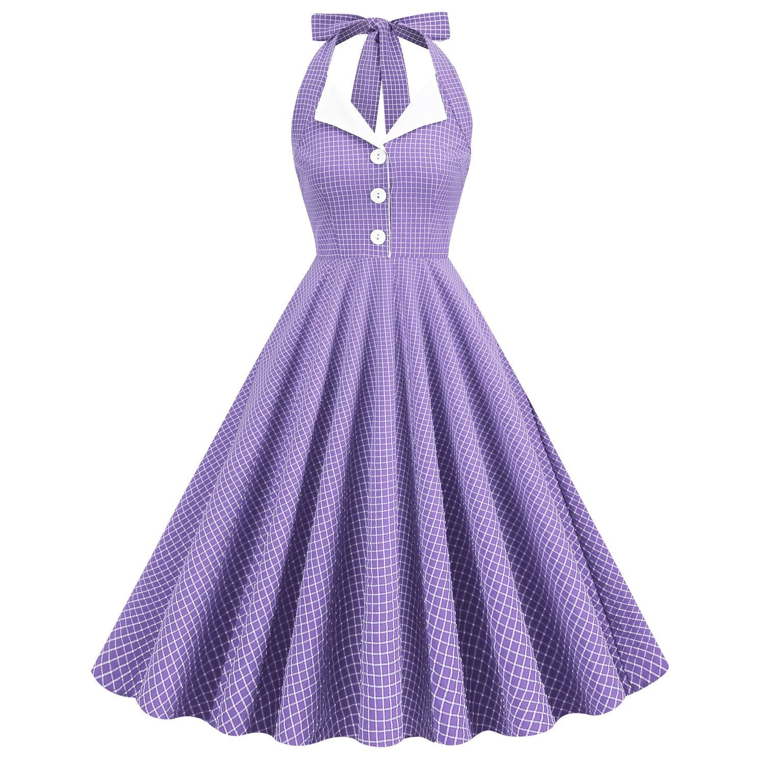 Women 50s Vintage Polka Dot Halter Cocktail Swing Dress Buttons Dress Purple