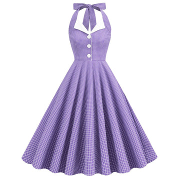 Women 50s Vintage Polka Dot Halter Cocktail Swing Dress Buttons Dress Purple